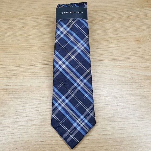TOMMY HILFIGER Mens Neck Tie Blue Navy Plaid Classic Pointed Preppy Silk Blend - Picture 2 of 6